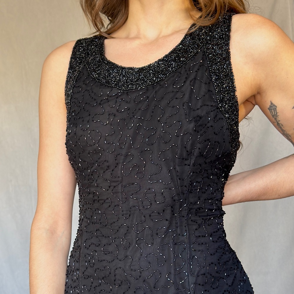 Vintage 90s LBD - Black Beaded Mini Silk Cocktail Wedding Dress - Picture 2 of 8